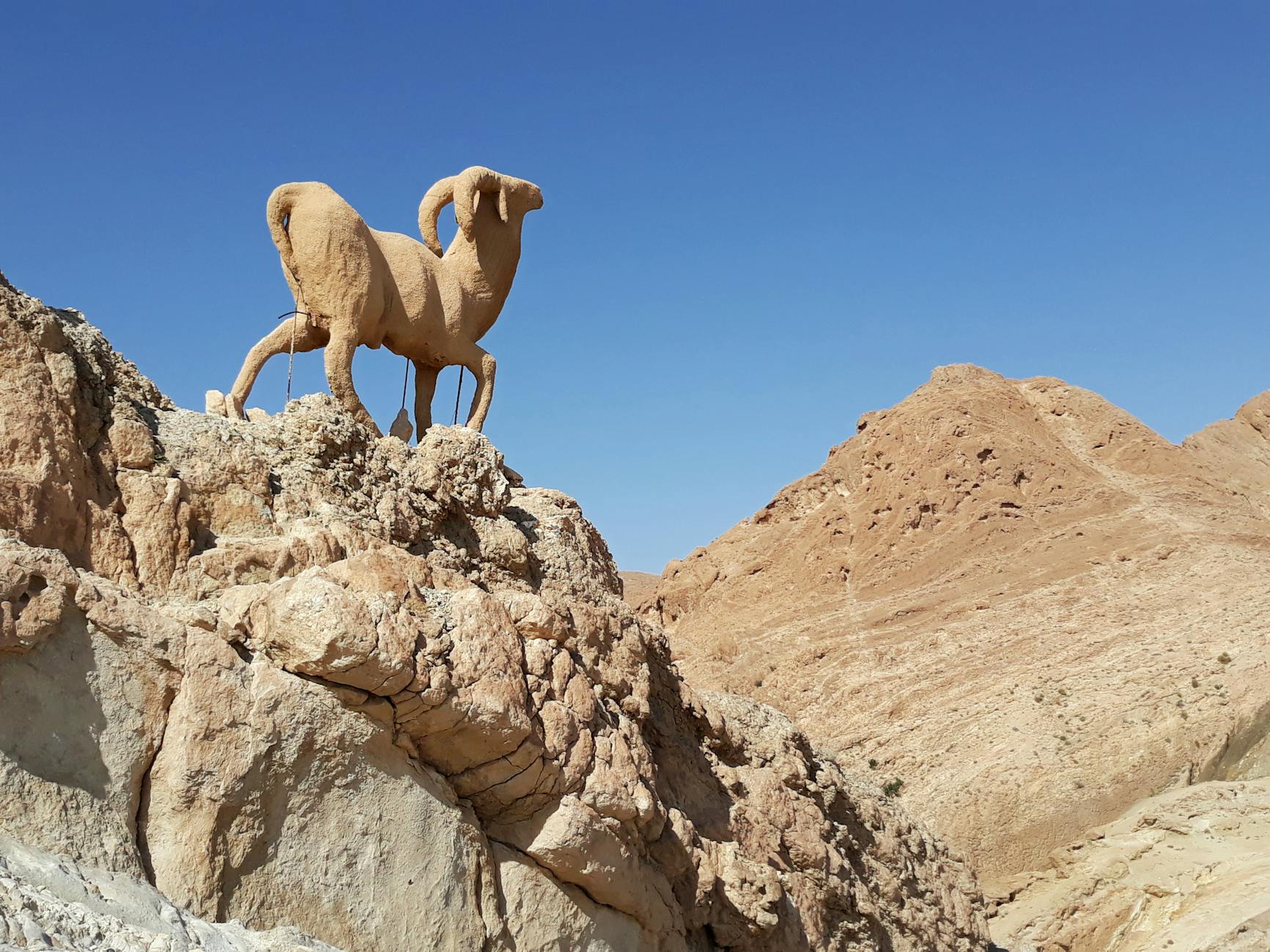 Kamienna rzeźba barana na skalistym zboczu w Chebice w Tunezji